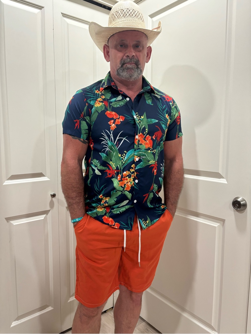 SHEIN 2 Piece Set Short Sleeve Button-down Floral Shirt With Orange Shorts Sz L